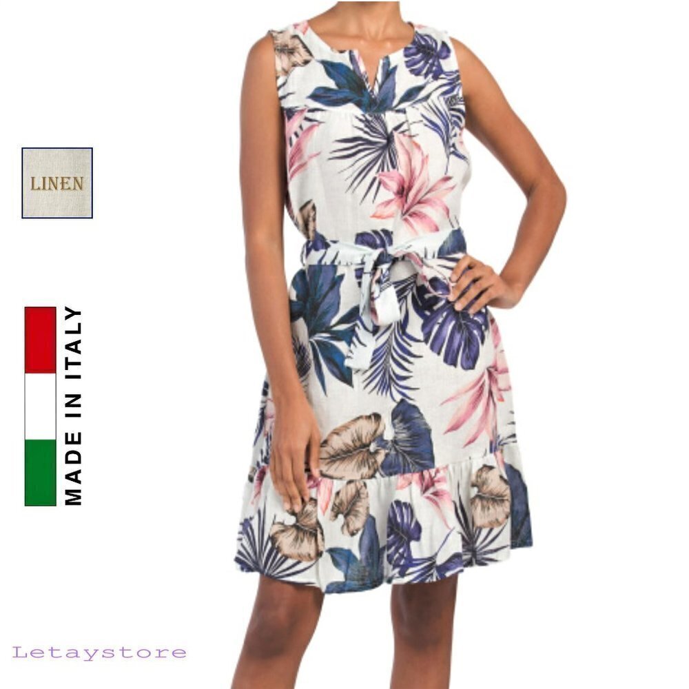 NWT LUNGO L'ARNO Made In Italy Linen V-neck Tie Waist Floral Print Mini Dres